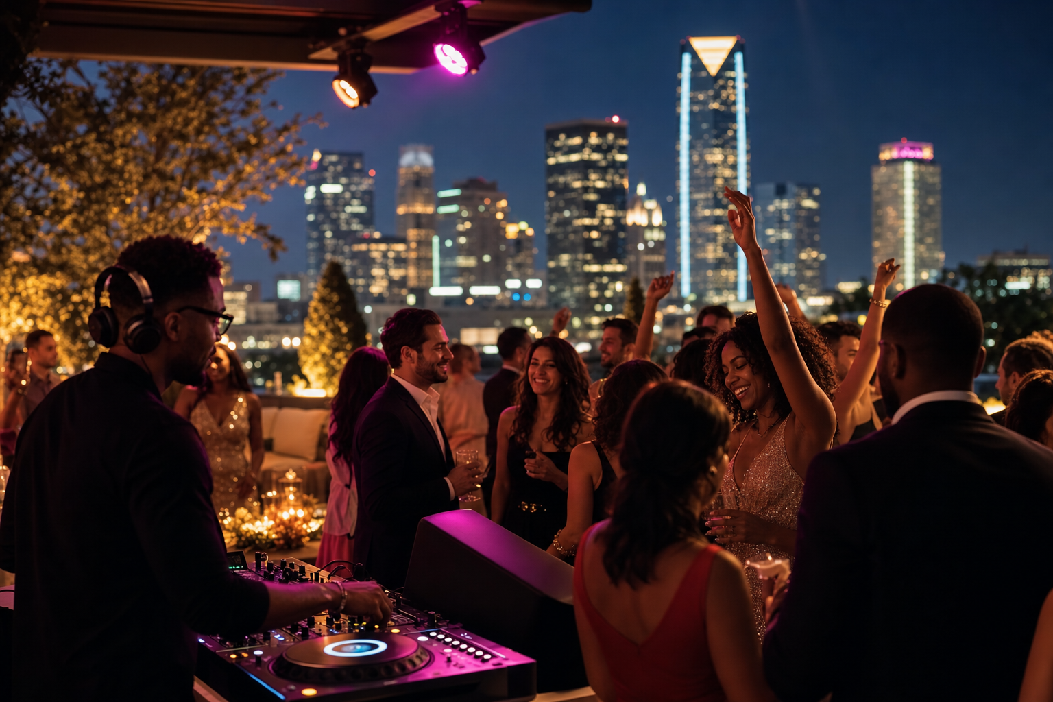 DJ at a rooftop private party with city skyline